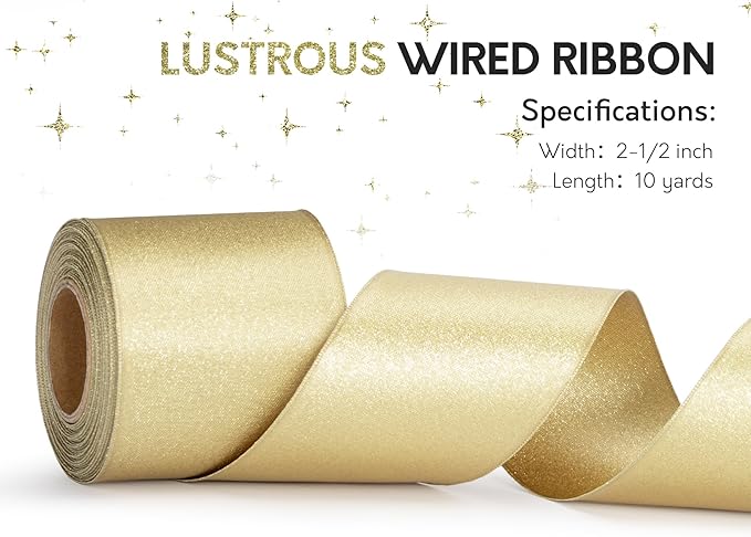 Gold Satin Wired Ribbon 2-1/2 Inch Double-Faced Glitter Ribbons for Wreath, Christmas Tree Decoration, Gift Wrapping, Home Decor 10 Yards