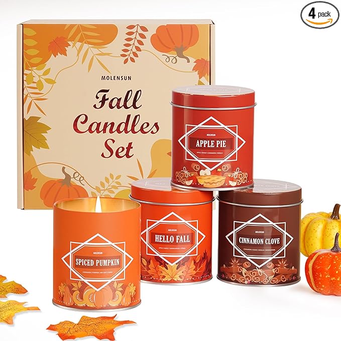 Fall Scented Candles Gift Set – 4 Pack of 9Oz Soy Candles, Autumn Fragrances (Pumpkin Spice, Apple Pie, Hello Fall, Cinnamon Clove), Holiday Gifts for Women & Men