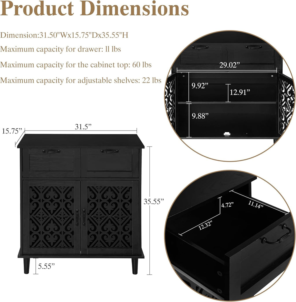 Sideboard Cabinet with 2 Doors & 2 Drawers - Adjustable Storage Console Table for Living Room, Bathroom - Modern Farmhouse Storage Cabinet with Black Handles