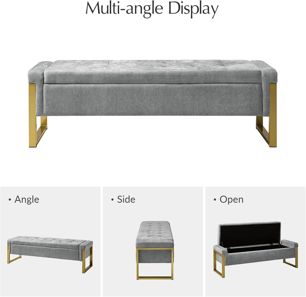 Modern Storage Ottoman Bench with Gold Metal Legs Upholstered Footrest End-of-Bed Bench with Hidden Storage, Hallway and Entryway Grey