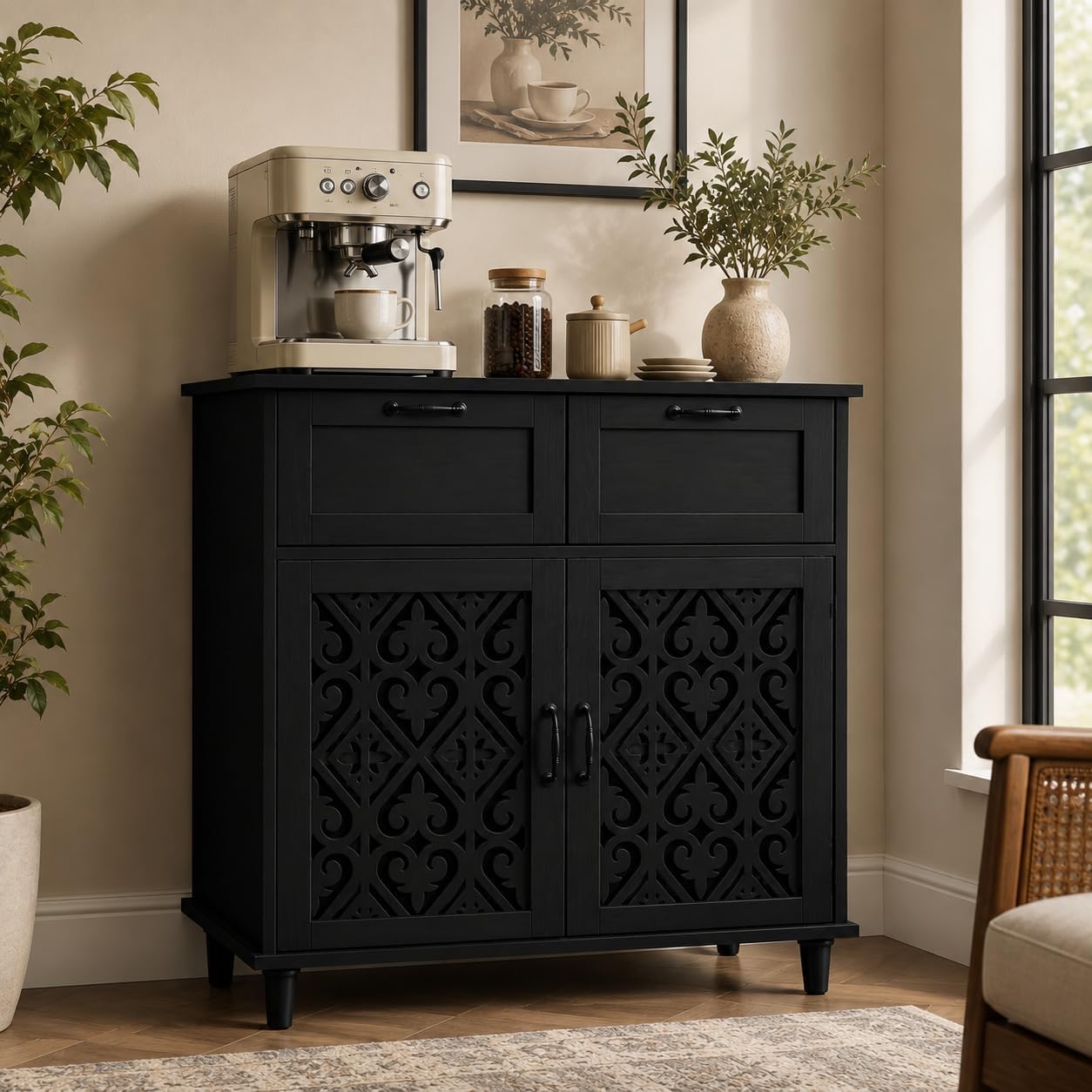 Sideboard Cabinet with 2 Doors & 2 Drawers - Adjustable Storage Console Table for Living Room, Bathroom - Modern Farmhouse Storage Cabinet with Black Handles