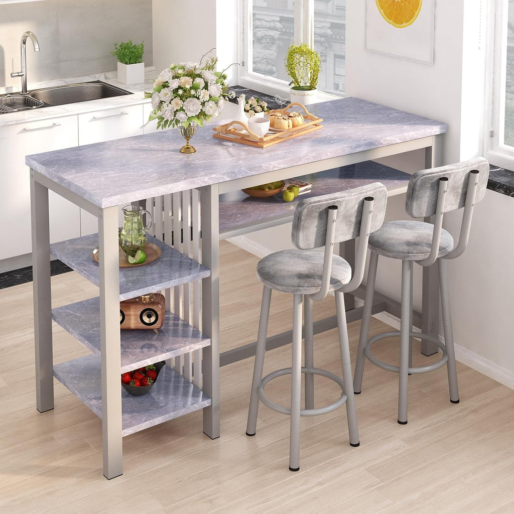Lamerge Furniture Kitchen Bar Height Table and Chairs for 2, 5-Tier Compact Dining Room Table, Gray Top and 2 PU Leather Upholstered Seat Black Frame, Modern Dining Set for Home & Office