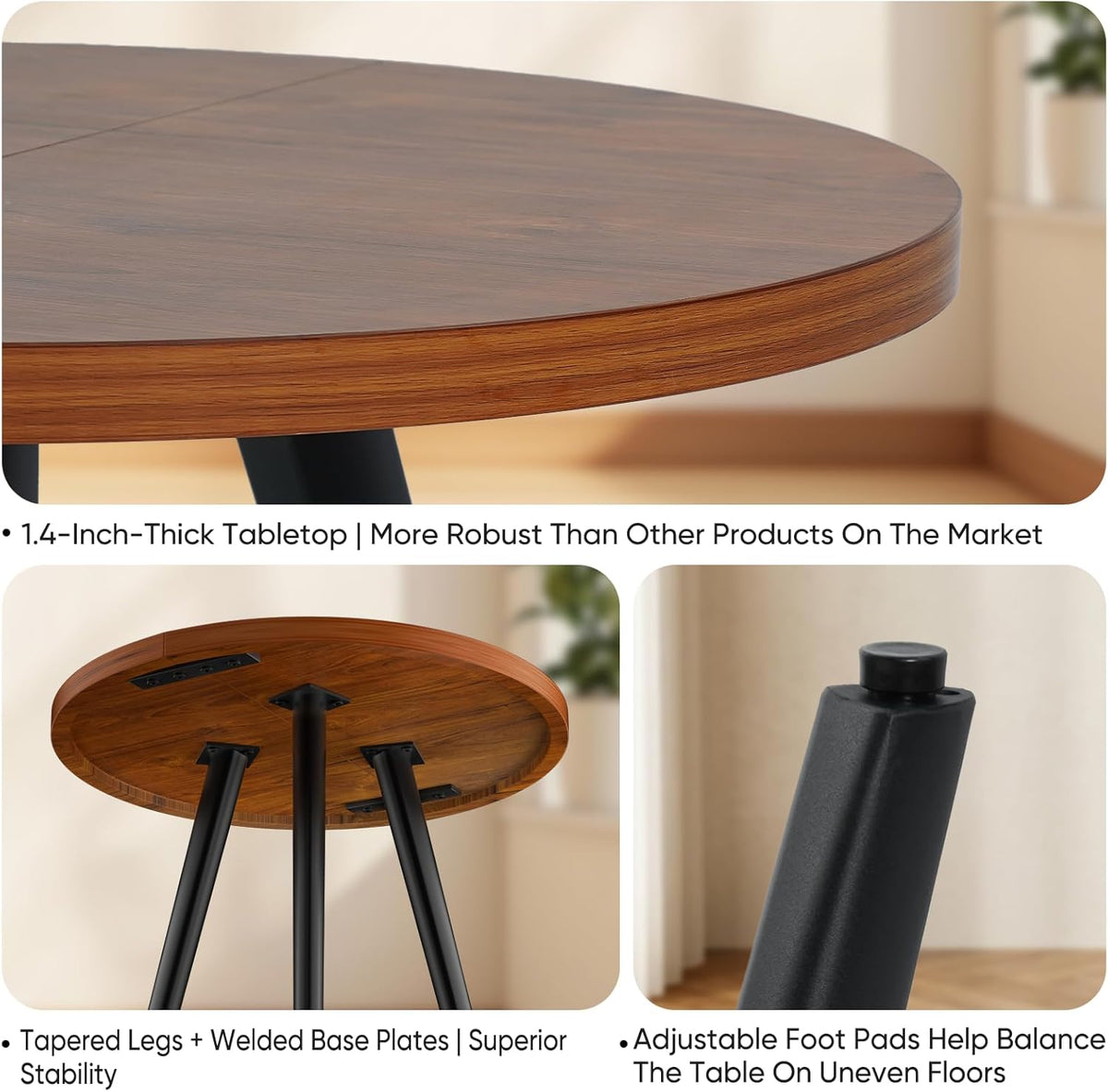 Round Dining Table, Small Dining Table for 2, 31.5" Round Table, Mid-Century Modern Kitchen Table with 1.4" Thickness Wood Grain Tabletop for or Small Space, Dining Room, Kitchen, UG Brown
