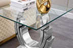 SSLine 1 Piece Living Room End Table Luxury Glass Side Table, Modern Silver End Table with Ring-Shape Stainless Steel Pedestal Base for Living Room Bedroom Office(1 End Table)