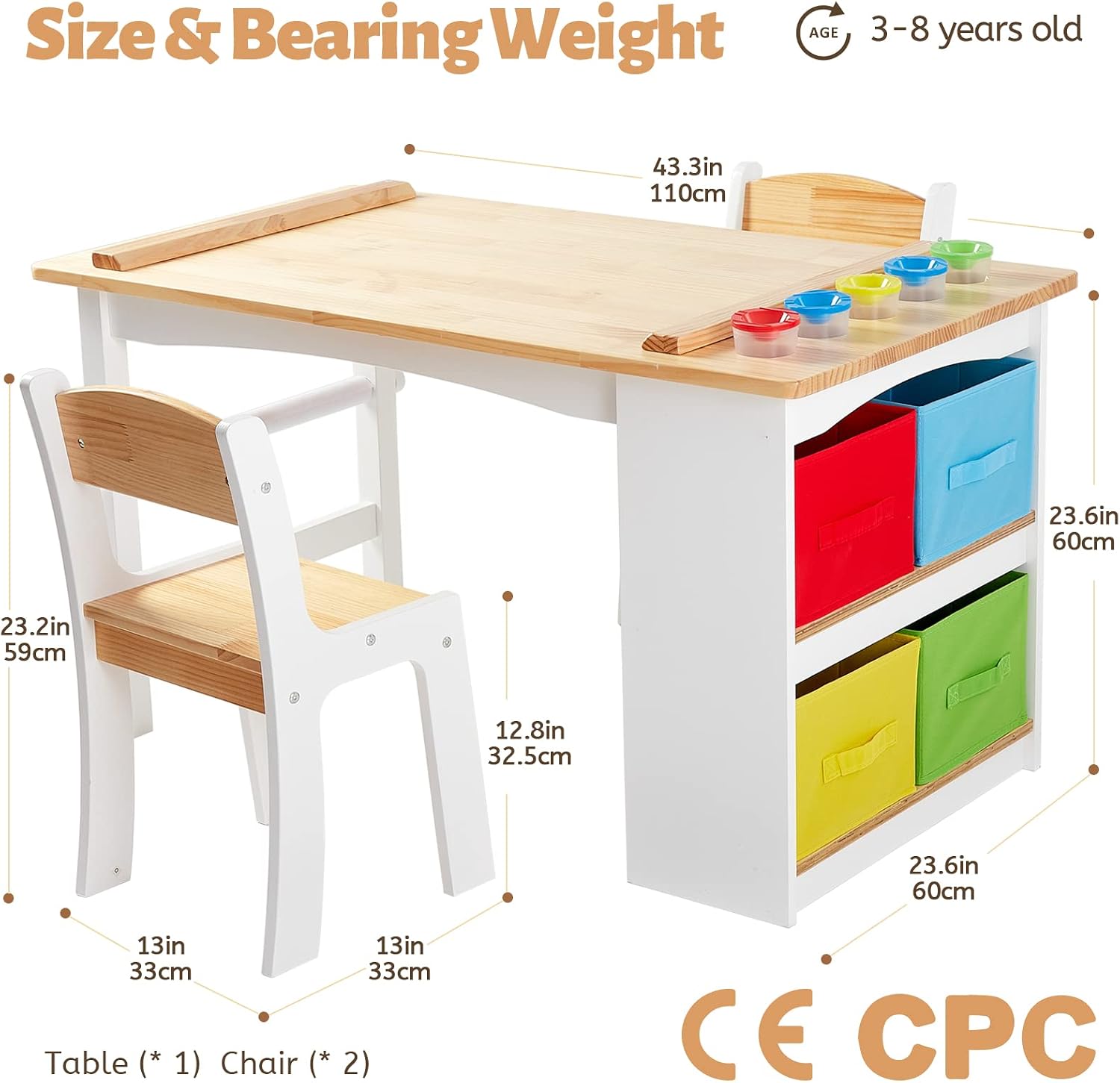 FUNLIO Wooden Kids Art Table & 2 Chairs Set, Kids Craft Table with Large Storage & Paper Rolls for Ages 3-8, Toddler Drawing Table Solid Wood, Easy to Assemble/Clean, CPC & CE Certified