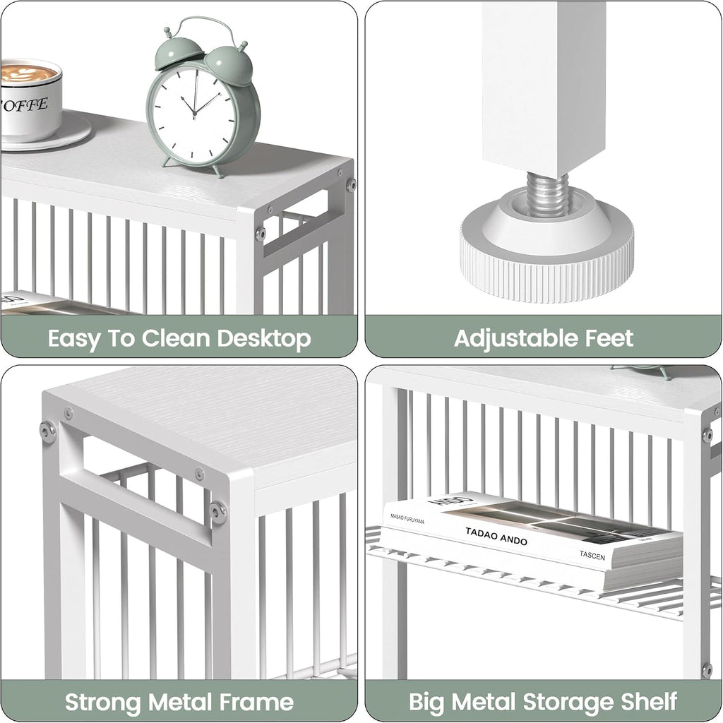 End Table for Small Space, 3-Tier Narrow Side Table with Magazine Holder,Small Nightstand, Skinny Snack Couch Table in Living Room, Bedroom Study and Balcony (White)