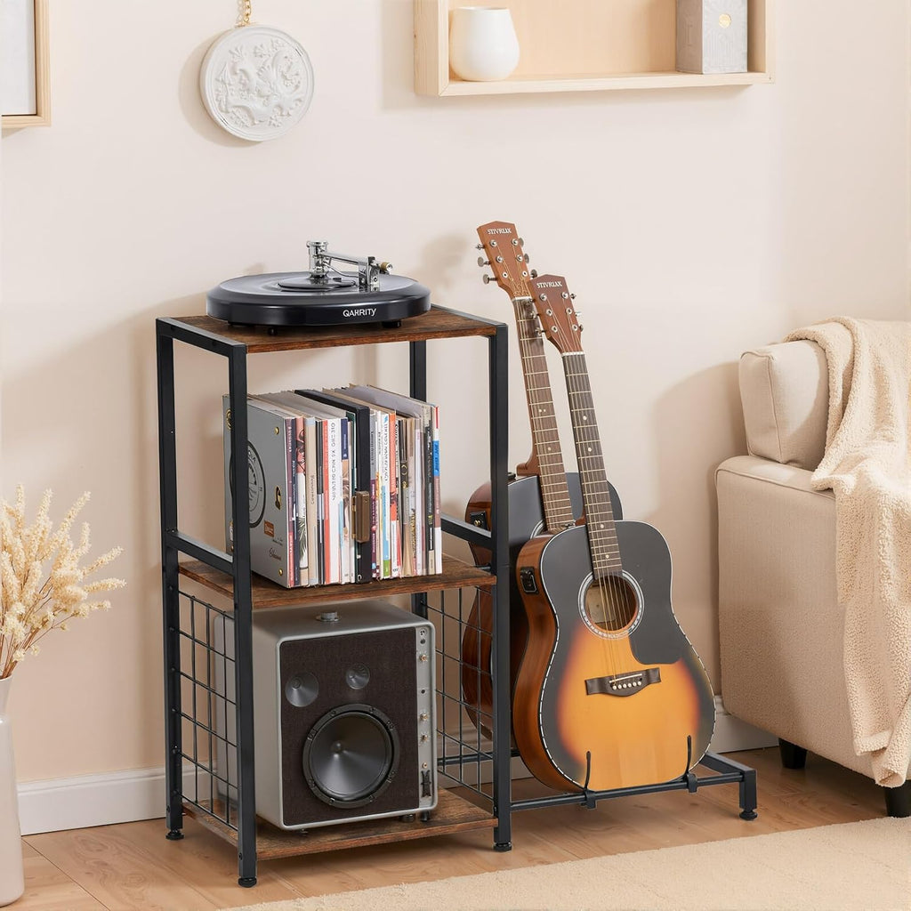 FurnitureR Multifunctional End Table with Guitar Stand, Industrial Style 3-Tier Music Equipment Rack with Wooden Board & Metal Frame, Guitar Stand with Storage Shelves, Holds 2 Guitars, Brown
