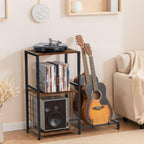 FurnitureR Multifunctional End Table with Guitar Stand, Industrial Style 3-Tier Music Equipment Rack with Wooden Board & Metal Frame, Guitar Stand with Storage Shelves, Holds 2 Guitars, Brown