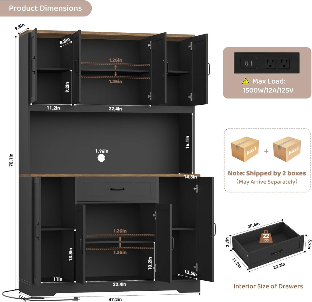 HITHOS 70" LED Kitchen Pantry Cabinet with Charging Station, 47" Wide Pantry Storage Cabinet with Large Microwave Stand, Modern Kitchen Hutch with Drawers for Dining Room, Black