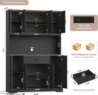 HITHOS 70" LED Kitchen Pantry Cabinet with Charging Station, 47" Wide Pantry Storage Cabinet with Large Microwave Stand, Modern Kitchen Hutch with Drawers for Dining Room, Black