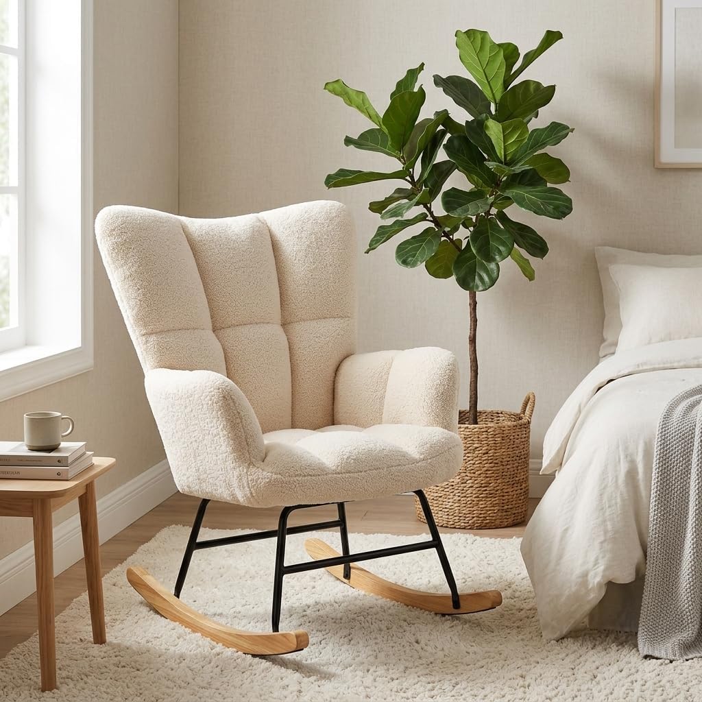Teddy Upholstered Wingback Rocking Chair, Soft Padded Indoor Reading Glider Chair for Living Room and Bedroom, Beige