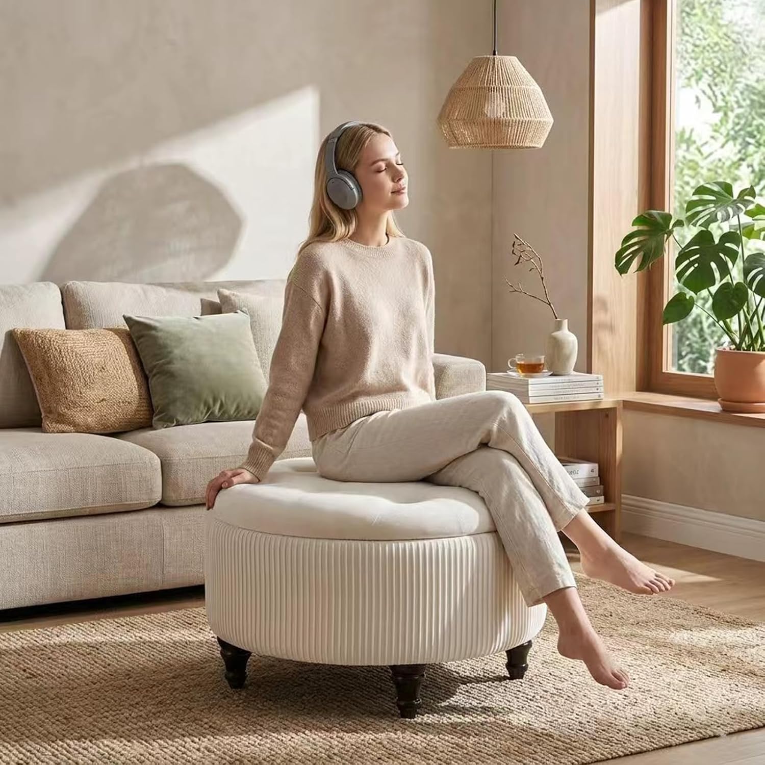 24Inch White Round Storage Ottoman, Upholstered Coffee Table | Modern Tufted Fabric Circle Storage Coffee Table with Removable Lid, Upholstered Storage Ottoman with Tray for Living Room