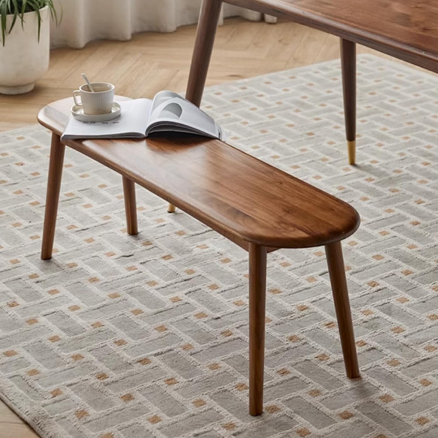 100% Solid Oak Wood Dining Bench, 39.5'' Entryway Bench Ottoman with Rounding Corner Design for Kitchen Living Room Bedroom, Walnut