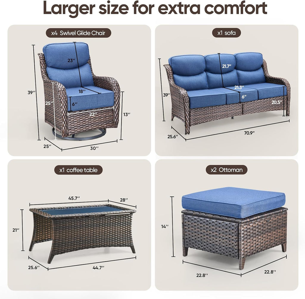 Swivel Patio Chairs sofa Set of 6 with 6" Thick Cushion - Wicker Outdoor Swivel Rocker Patio Chair ,Sofa/Glass coffee table, High Back Comfortable Outdoor Glider Chairs - Brown Wicker - Blue Cushions