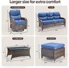 Swivel Patio Chairs sofa Set of 6 with 6" Thick Cushion - Wicker Outdoor Swivel Rocker Patio Chair ,Sofa/Glass coffee table, High Back Comfortable Outdoor Glider Chairs - Brown Wicker - Blue Cushions