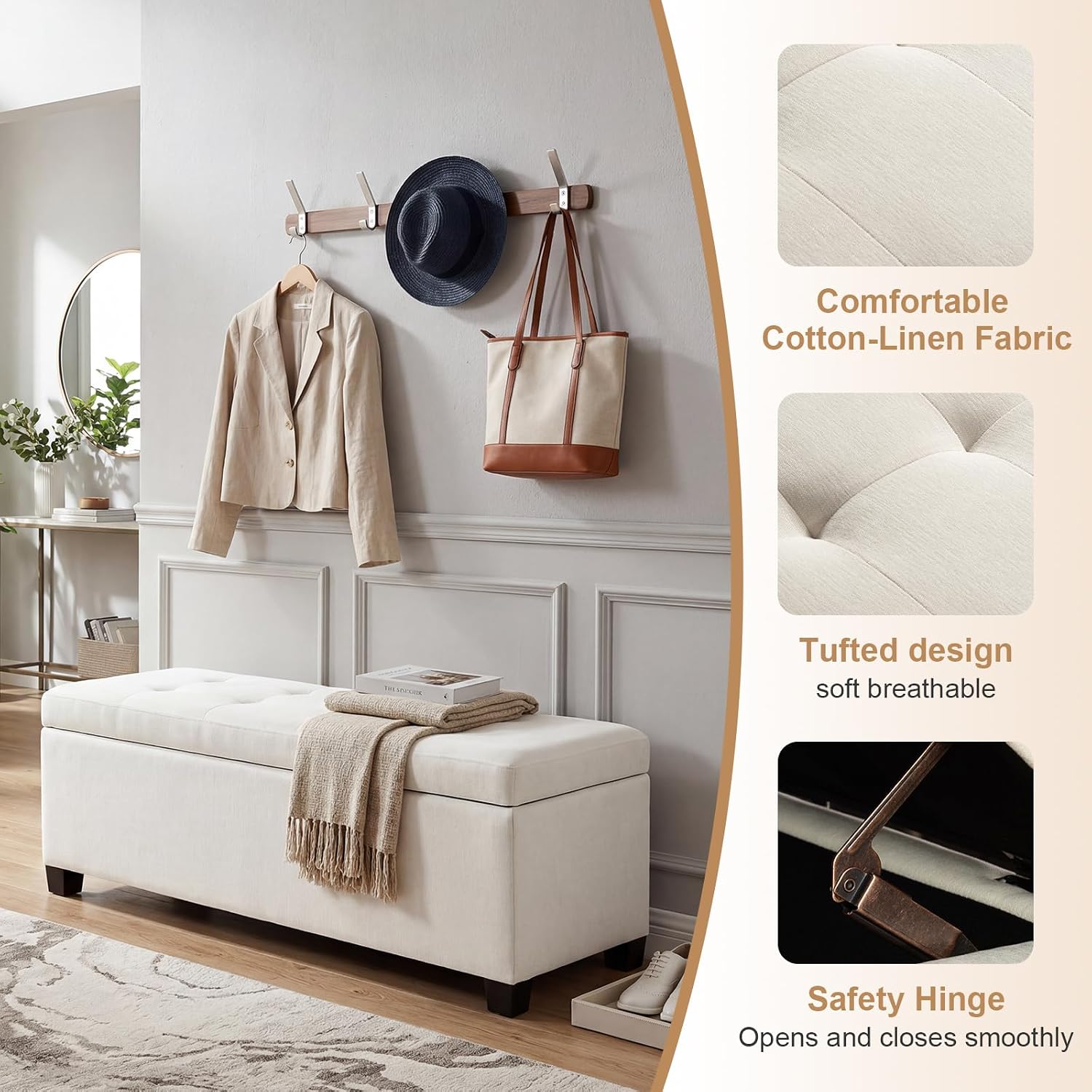 Asense 42" Storage Ottoman Bench, Large Linen Upholstered Rectangular Footstool with Safety Hinges, End of Bed Bench for Bedroom, Entryway Bench with Storage, Window Seat, Beige