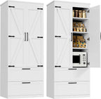 71” H Kitchen Pantry Cabinet, 4-Tier Farmhouse Storage Cabinet with Barn Doors, 2 Drawers, Adjustable Shelf, Freestanding Cupboard for Kitchen, Bathroom, Living Room (White)