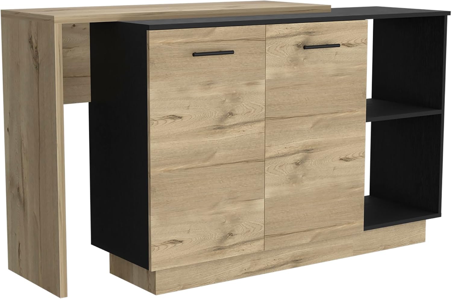 Kitchen Island Ohio - Modern Black and Light Oak Kitchen Island | Two open shelves and three interior shelves for storage and display