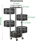 SAYZH 5 Tier Fruit Vegetable Basket Stand for Kitchen, Rotating, Black | Rolling Storage Cart with top lid, Large Metal Wire Rack for Potato and Onion Storage