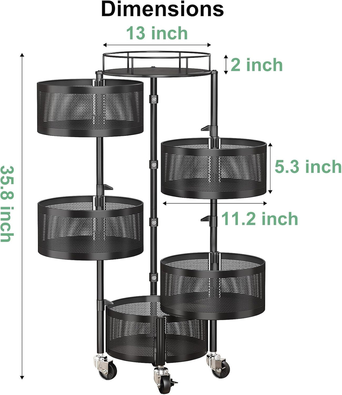 SAYZH 5 Tier Fruit Vegetable Basket Stand for Kitchen, Rotating, Black | Rolling Storage Cart with top lid, Large Metal Wire Rack for Potato and Onion Storage