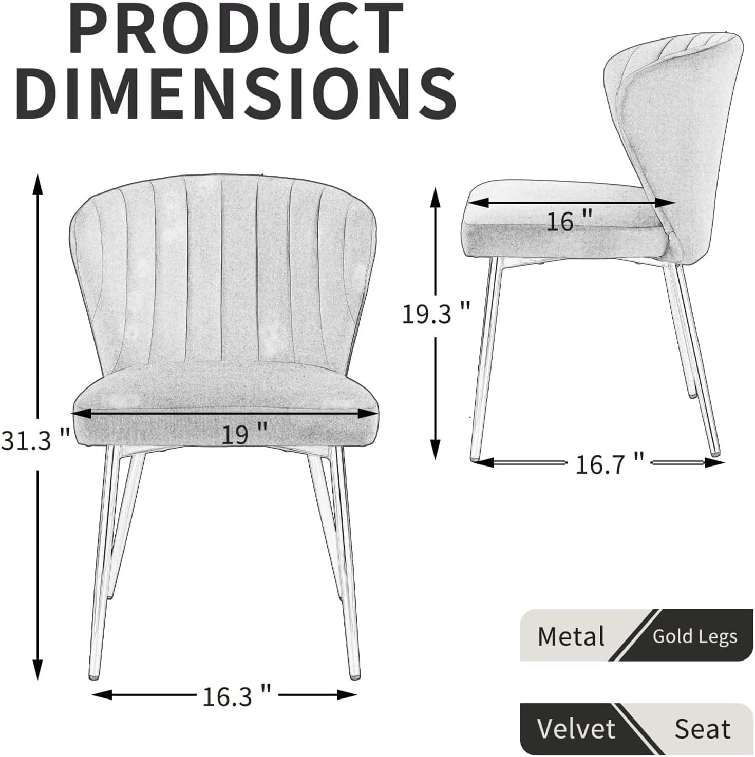 MOJAY Velvet Dining Chairs Set of 2, Modern Upholstered Dining Room Chairs with Gold Metal Legs, Accent Vanity Chairs for Kitchen, Living Room, Patio (Black)