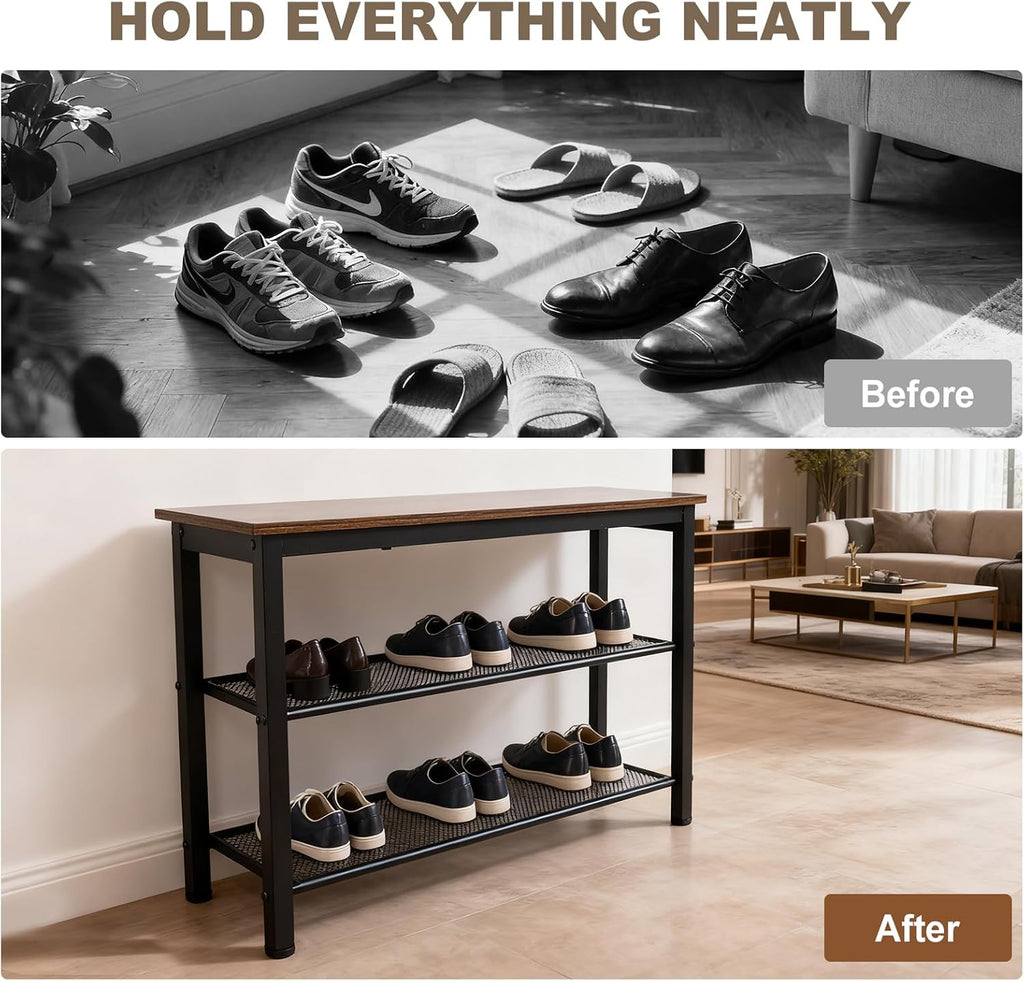 3-Tier Shoe Rack Bench, Industrial Shoe Organizer with Metal Mesh Shelves and Wood Seat, 29.5 Inch Entryway Storage Bench for Living Room or Hallway, Rustic Brown