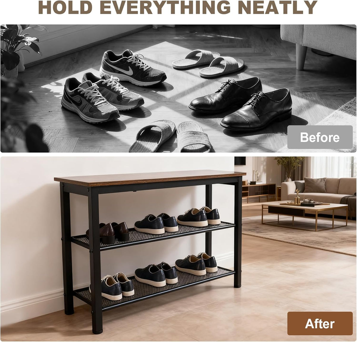 3-Tier Entryway Shoe Bench with Wood Seat, Industrial Metal Mesh Storage Rack for Hallway, Living Room, Rustic Brown, 29.5 Inch