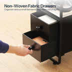 HOOBRO Narrow End Table with Charging Station & LED Lights, Slim Nightstand with 2 Fabric Drawers and Open Shelves, Narrow Side Table for Living Room, Bedroom, Black BB430UDBZ01