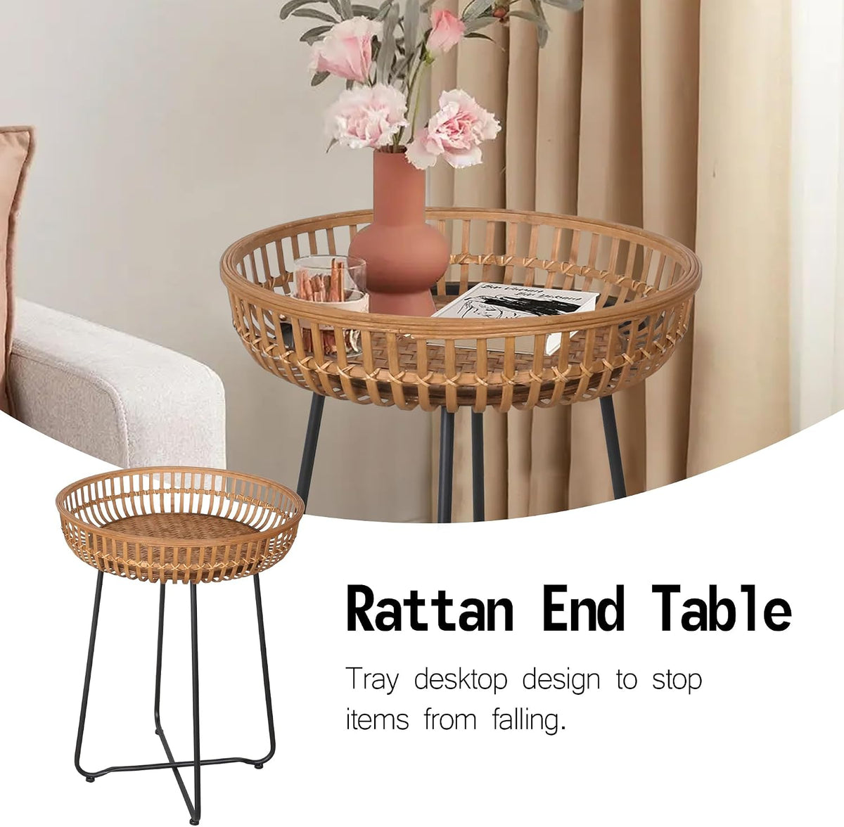 Oakrain Rattan End Table, Nesting Tables, Set of 2, Bamboo, Round, Metal Base, for Boho Living Room, Sofa, Bedroom, Terrace (18.11inch, Set of 2)