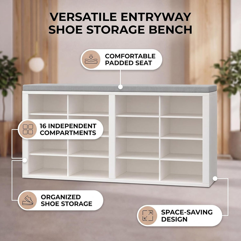 Shoe Storage Bench with Cushion Shoe Rack for Entryway 16 Cubby Multifunctional Organizer Bench Entryway with Soft Sponge Cushion for Hallway Living Room Bedroom (White & Light Gray)