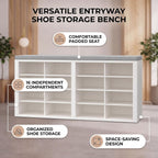 Shoe Storage Bench with Cushion Shoe Rack for Entryway 16 Cubby Multifunctional Organizer Bench Entryway with Soft Sponge Cushion for Hallway Living Room Bedroom (White & Light Gray)