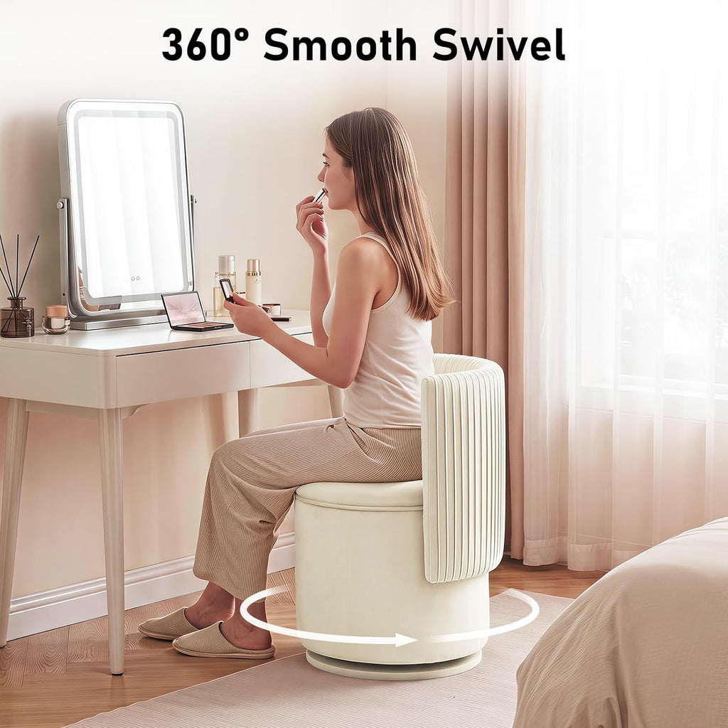 Furniliving Velvet Vanity Chair with Storage, 360° Swivel Accent Chair with Wavy Back, Modern Barrel Vanity Stool Makeup Ottoman for Bedroom, Living Room