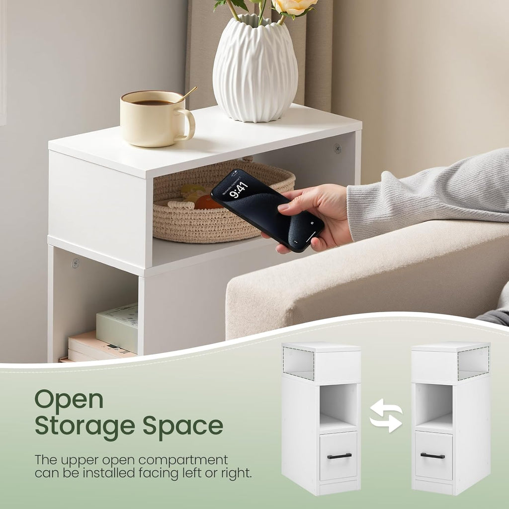CHOEZON Narrow Side Table, 7.9" Small Nightstand with Drawer, Skinny Bedside Table, for Small Spaces, Flexible Open Compartment, for Bedroom, Living Room, White MBZ11WB