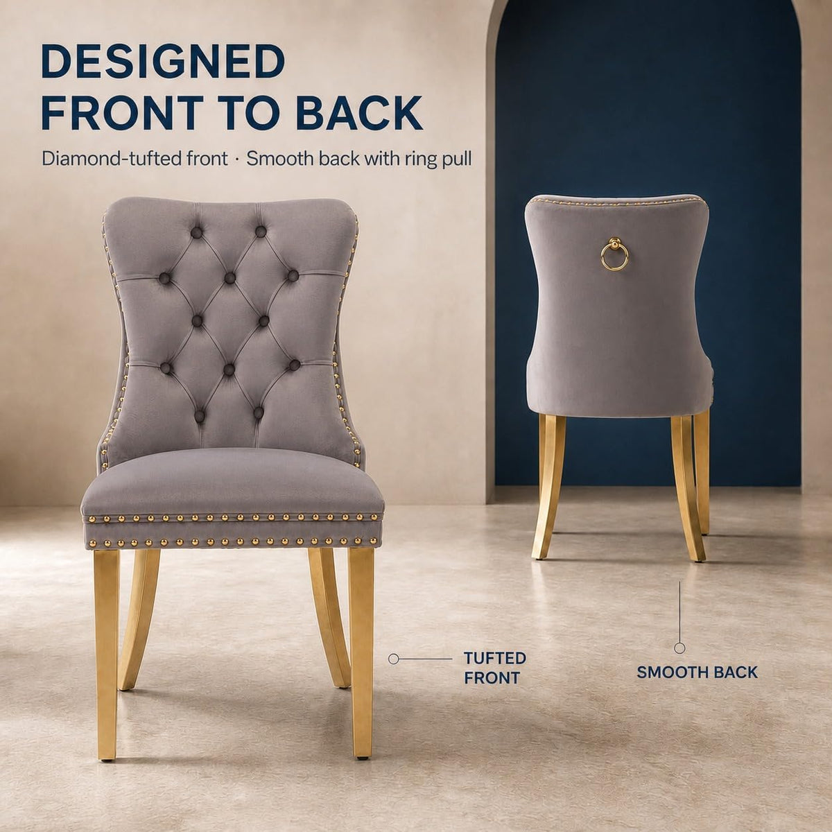 Upholstered Dining Chairs Set of 6, Velvet Wingback Chair with Ring Pull | Kitchen Chairs, Dining Room Chairs, Modern Dining Chair, Dinning Seat, Sillas de Comedor, Taupe Velvet, Gold Tube Legs