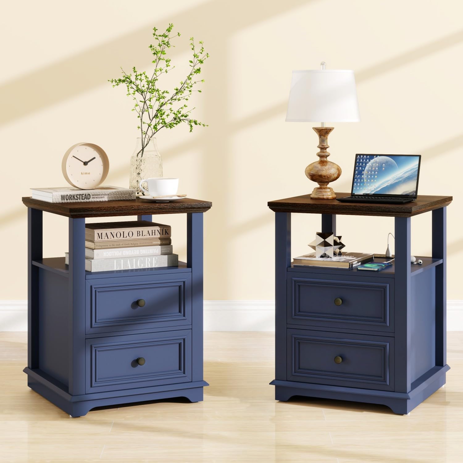 MUUEGM 18" End Tables for Living Room Farmhouse Night Stand with Charging Station Navy Blue Side Tables for Bedroom with 2 Drawers Bedside Table Rustic Wood
