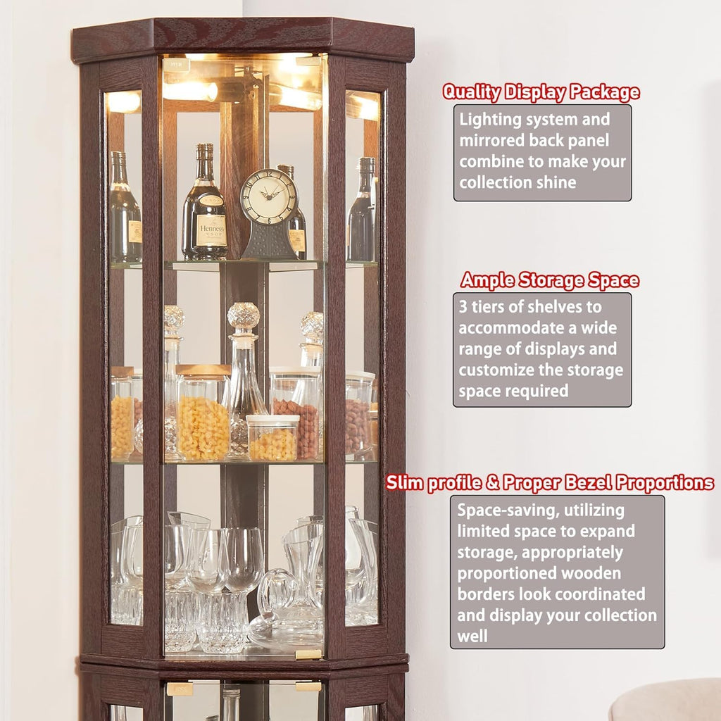 69" H Lighted Corner Curio Cabinet, 5-Tier Curio Glass Display Cabinet with Door & Adjustable Glass Shelves, Wooden Display Showcase Corner Storage Cabinet for Living Room (Dark Cherry)