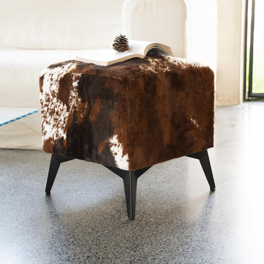 Tricolor Cow Print Ottoman, Faux Cowhide Footstool, Western Style | 16x16x17 Inch Cube Stool, Solid Metal Legs, Animal Print Ottoman, Farmhouse Decor for Living Room, Bedroom, Entryway