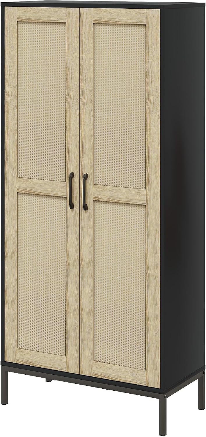 60" Tall Kitchen Pantry with 2 Rattan Doors and 3 Adjustable Shelves,Freestanding Cupboard Storage Cabinet for Kitchen, Laundry Room, Dinning Room and Living Room,Black