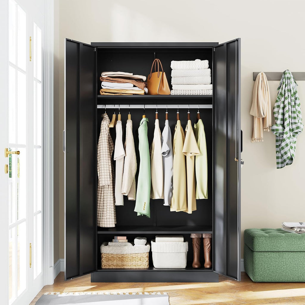 Letaya Metal Wardrobe Cabinets with Lock,Clothing Locker 72" X 36" X 18" Storage Cabinets for Home Room,Fire Department, School, Employee,Gym,Government (Black)