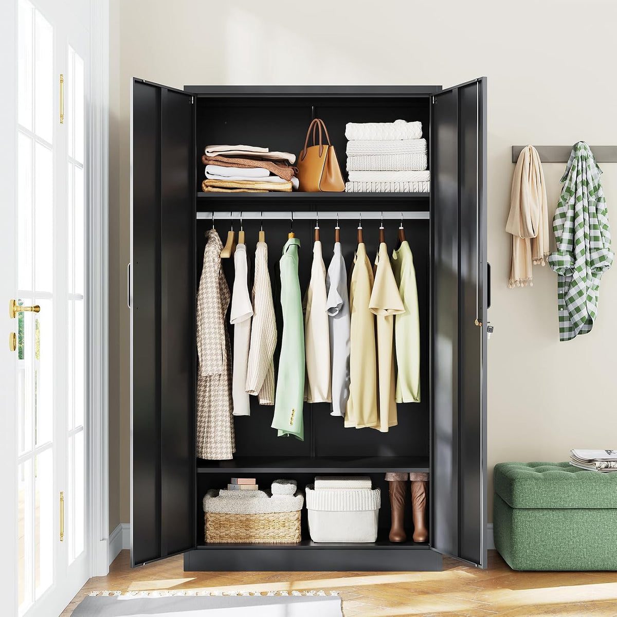 Letaya Metal Wardrobe Cabinets with Lock,Clothing Locker 72" X 36" X 18" Storage Cabinets for Home Room,Fire Department, School, Employee,Gym,Government (Black)
