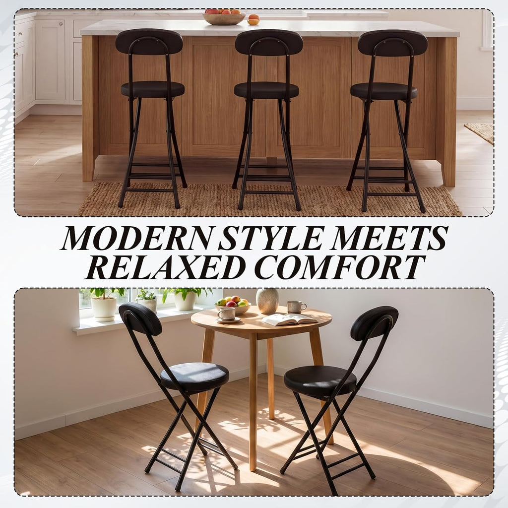 4 Pack Folding Bar Stool Cushioned Padded Folding Stool, 19 Inch Height Bar Stools with Backrest, Faux Leather Seat, Black Foldable Chair Support 220 LBS for Kitchen Room Hiking Camping Fish