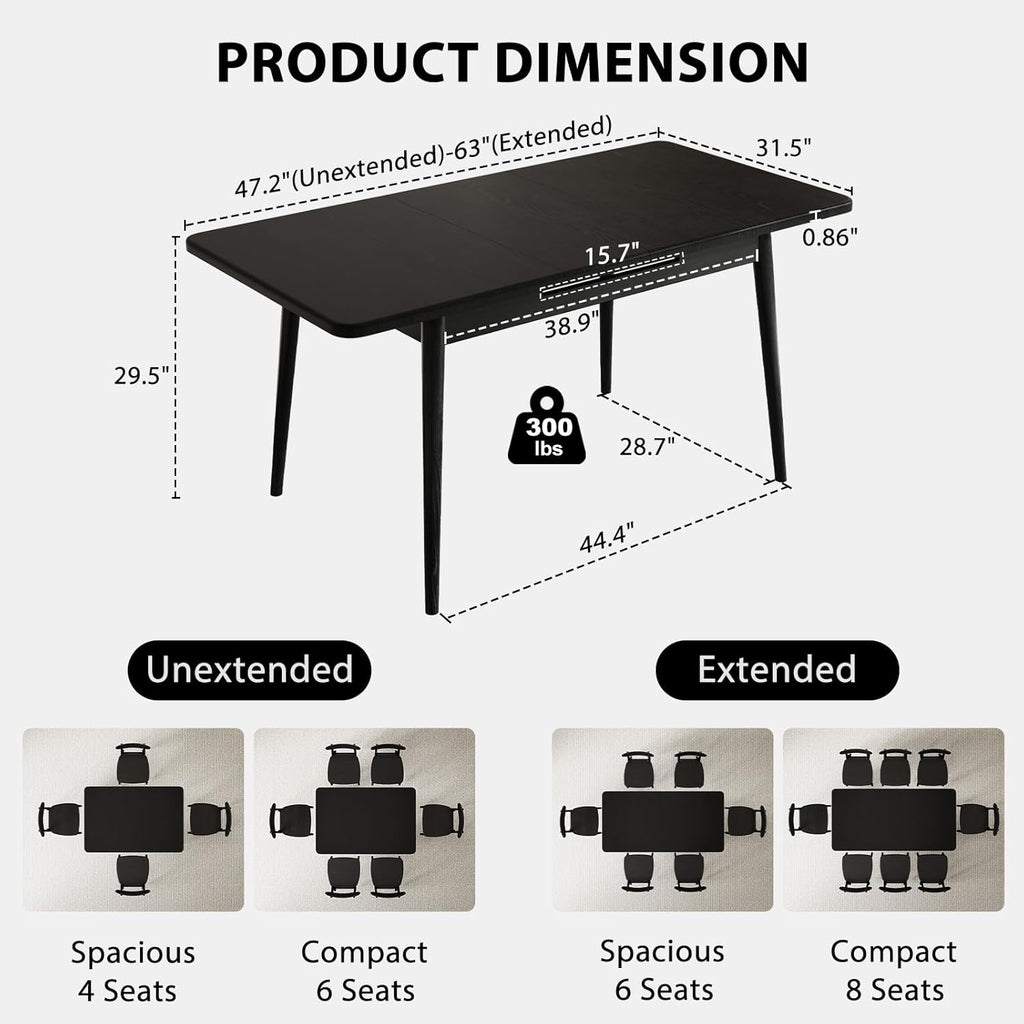 Muwuele Solid Wood Extendable Dining Table for 4-8 People with Seamless Extension from 47.2 to 63 Inches, Easy Assembly, Expandable Tables for Small Spaces, Dining Room, Kitchen, Living Room, Black