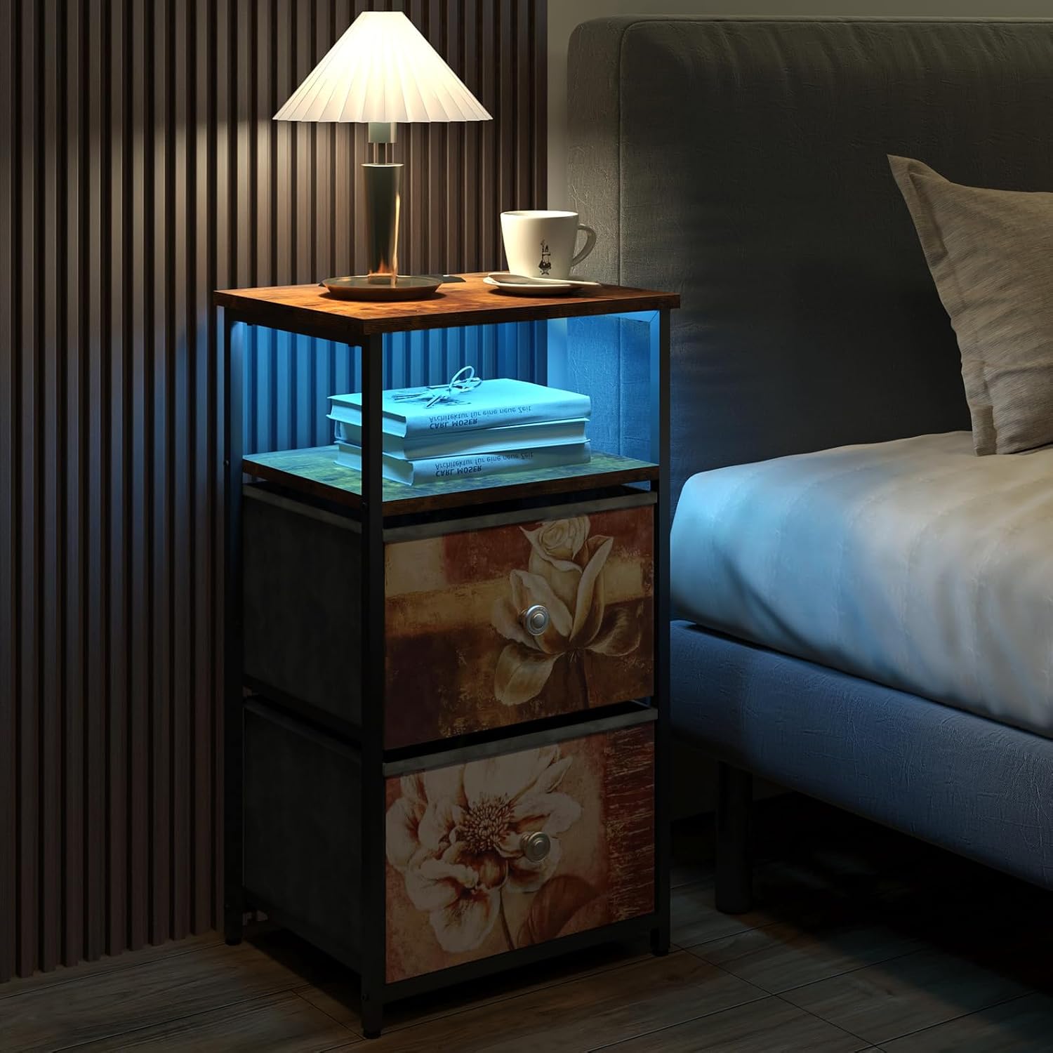 ALBAD Nightstand with Charging Station and LED Lights, Brown Flower Drawers | End Table with USB Ports and Outlets, 2 Fabric Drawers and Open Top Shelf, for Bedroom Bedside, Living Room, Dorm