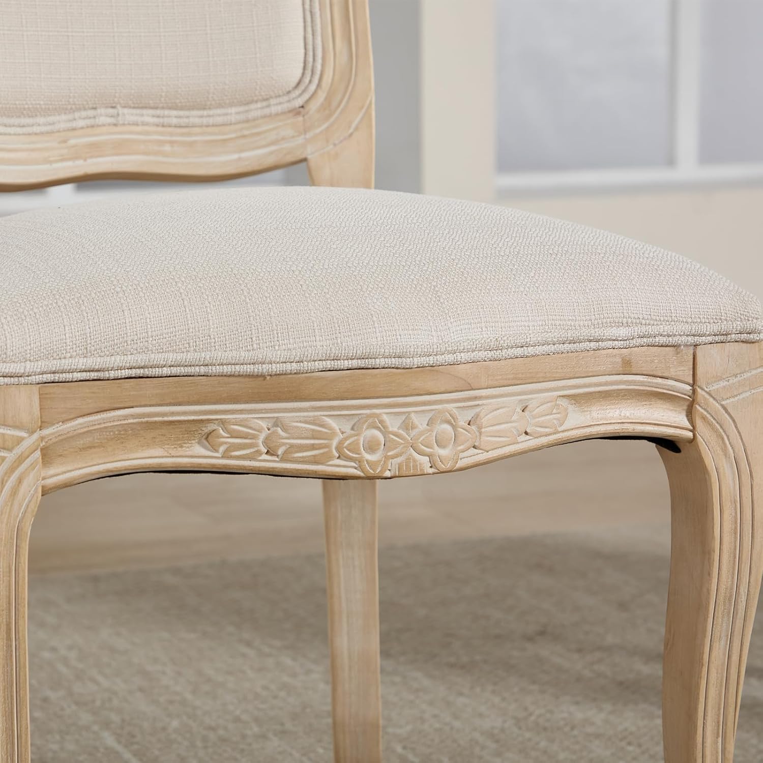 Kmax French Dining Chairs Set of 2, Farbric Upholstered Dining Chairs with Elegant Curved Legs High Back Armless Kitchen Chairs Side Chairs for Dining Room Restaurant - Linen, Beige/Natural Legs