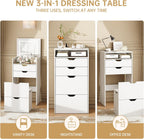3-in-1 Vanity with Mirror and Lights, Modern Compact Vanity Table with 3 Storage Drawer, Small Makeup Vanity Desk, Dressing Table with Cushioned Stool for Bedroom, Cloakroom (Flip vanity White)