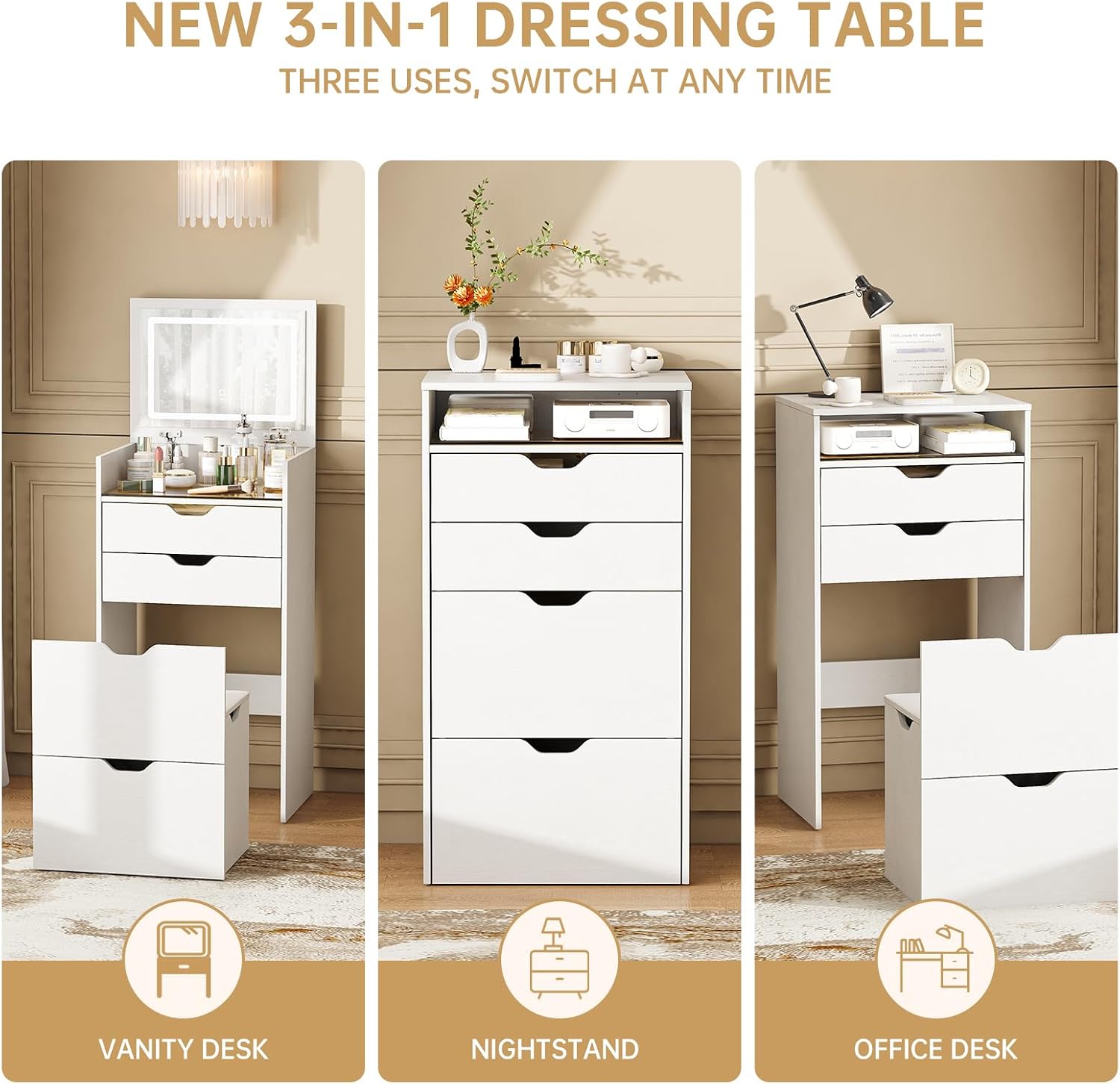 3-in-1 Vanity with Mirror and Lights, Modern Compact Vanity Table with 3 Storage Drawer, Small Makeup Vanity Desk, Dressing Table with Cushioned Stool for Bedroom, Cloakroom (Flip vanity White)