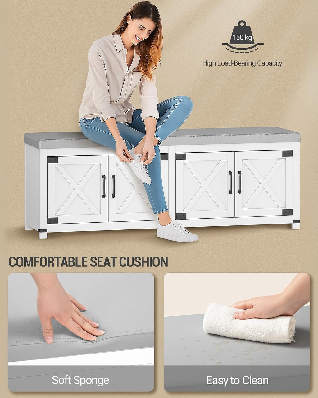 Hzuaneri 59" Shoe Storage Bench, with Soft Padded Seat Cushion & Doors | 2 Tier Entryway Storage Bench with Adjustable Shelf, Farmhouse Shoe Cabinet for Living room, Bedroom, White SB31503GY