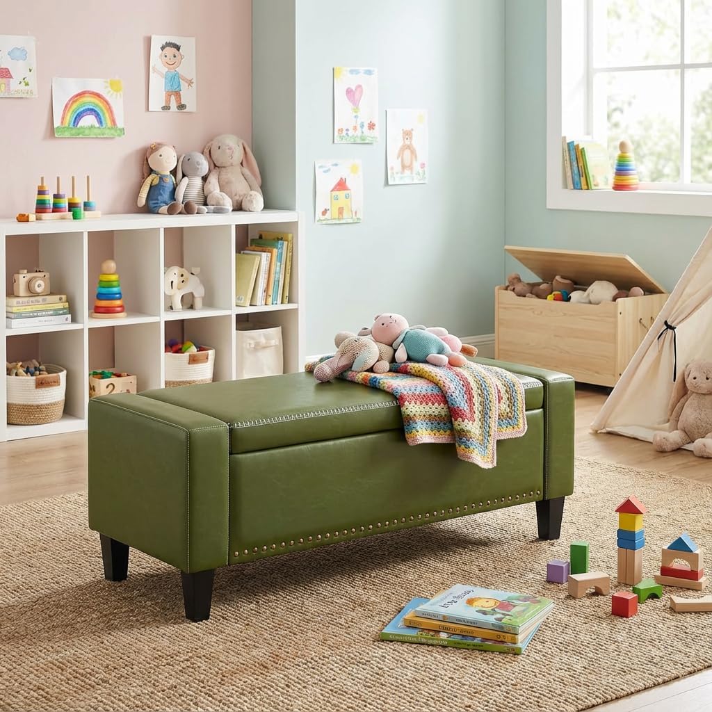 AKMAKM 49''W Storage Ottoman Bench, 30 Gallons End of Bed Bench, Faux Leather, Mid Century Modern, Upholstered Bench with Storage and Seat for Entryway, Living Room, Holds up to 350 lb, Green