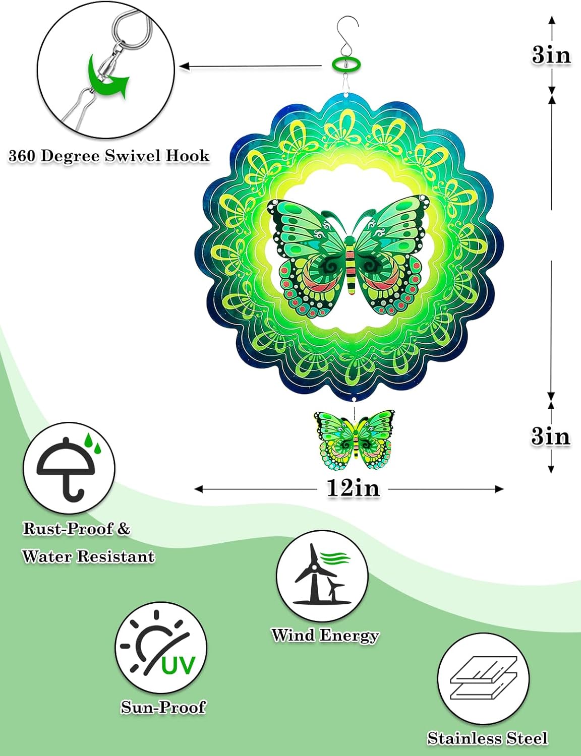 Butterfly Wind Spinner-3D Metal Hanging Wind Spinners, Perfect Ornament Gifts for Women/Men, 12 Inch Spinfinity Wind Spinner for Outdoor & Indoor Decorations, Yard Art, Garden Decoration