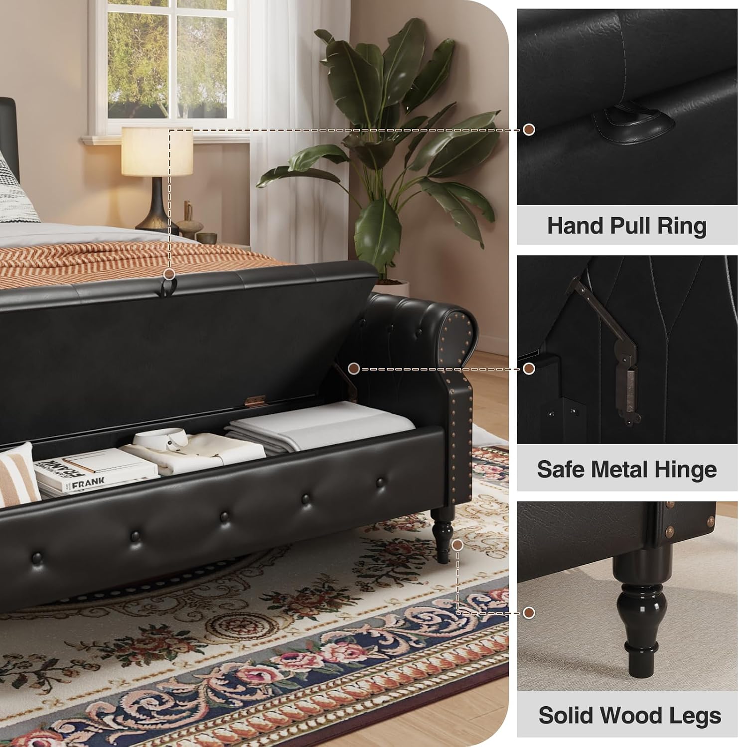 FiveWillowise 65" End of Bed Bench with Storage Ottoman,Black | Faux Leather Upholstered Storage Bench with Rolled Arms and Nailhead Trim for King Size Bed,Bedroom,Entryway,Living room